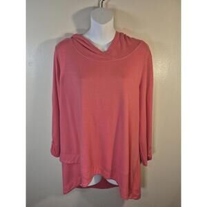 Sunday Womens Knit Hooded Top Coral Asymmetrical Hem Ruched Shirt Size Large